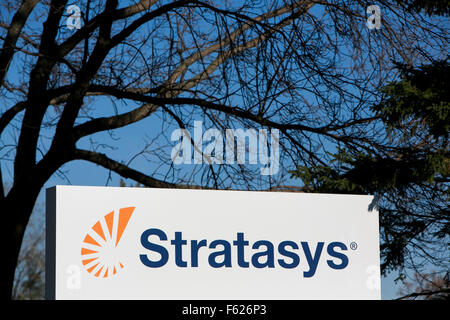 A logo sign outside of the headquarters of Stratasys Ltd., in Eden Prairie, Minnesota on October 24, 2015. Stock Photo