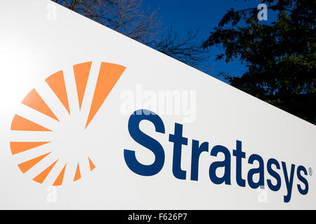 A logo sign outside of the headquarters of Stratasys Ltd., in Eden Prairie, Minnesota on October 24, 2015. Stock Photo