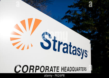 A logo sign outside of the headquarters of Stratasys Ltd., in Eden Prairie, Minnesota on October 24, 2015. Stock Photo