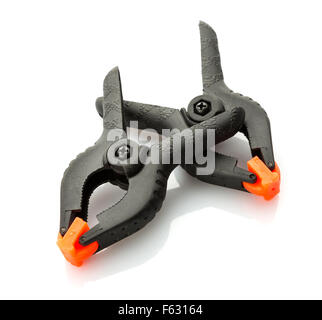 Two plastic clamps isolated on white background Stock Photo