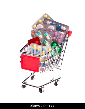 Small shopping cart full of pills isolated on white Stock Photo