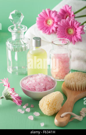 spa aromatherapy with gerbera flowers essential oil brush Stock Photo