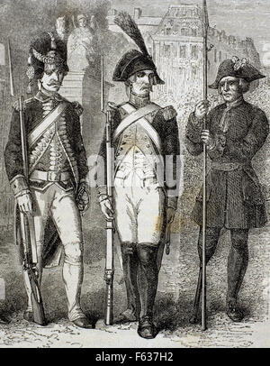 France. Guard of National Convention (center), French Grenadier Guard (left) and crippled (right). Engraving, 19th century. Stock Photo