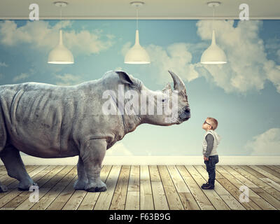 rhinoceros and kid in abstract 3d indoor Stock Photo