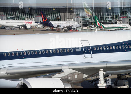 Planes lined up at the terminal of Brussels Airport Stock Photo