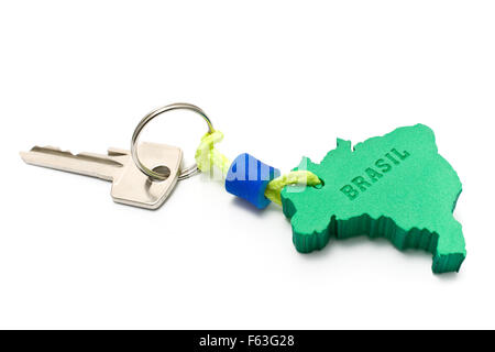 House key with tag in form of  Brazil border isolated on white Stock Photo