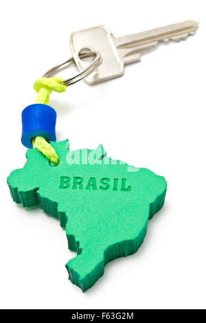 House key with tag in form of Brazil border isolated on white Stock Photo