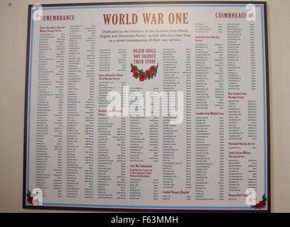 Edinburgh, UK. 11 November. Memorial to the Scottish, Irish, Welsh, English and Dominion Forces' nurses who lost their lives as direct consequence of their war services. Memorial plaque which it takes more than 500 name of British, Irish and Dominion Force nurses who died in services. Pako Mera/Alamy Live News. Stock Photo