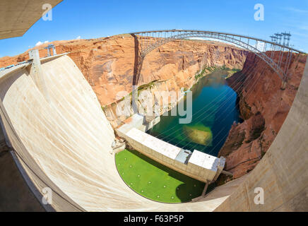 Fisheye lens picture of Glen Canyon Dam and bridge, Arizona, USA. Stock Photo