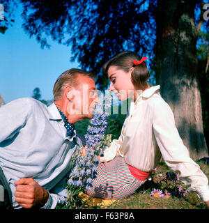 LOVE IN THE AFTERNOON 1957 Allied Artists film with Audrey Hepburn and Gary Cooper  filming at the Chateau de Vitry, Gambais, Stock Photo