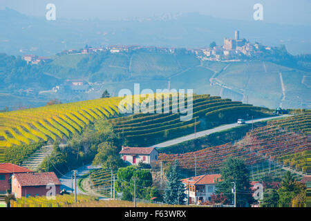 Piedmont, Italy, Langhe-Roero and Monferrato in the UNESCO World Heritage List: landscape of colourful vineyards. Stock Photo