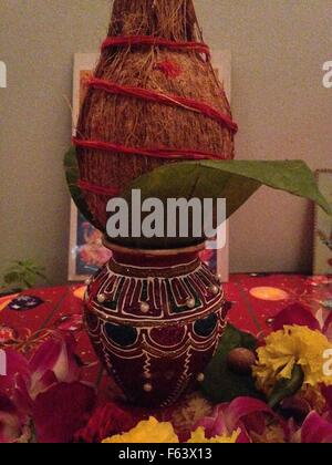 Hindu ritual for worship, Water pot and Kalash with coconut Stock Photo