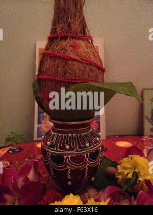 Kalas (Spritual water pot) and Nariyal (Coconut) with panpatta for hindu worship Stock Photo