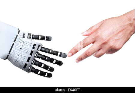 Robot and human touching forefingers Stock Photo