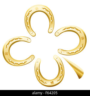 Clover leaf made of four golden horseshoes as a symbol for good luck. Illustration on white background. Stock Photo