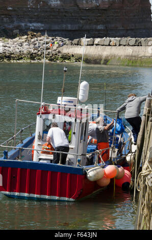 On a sunny summer day, 4 sea anglers (men) unload their catch from a fishing boat moored at the quayside in Staithes' harbour, North Yorkshire, UK. Stock Photo
