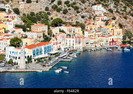 The port of Symi island is definitely the most beautiful in Greece. Stock Photo