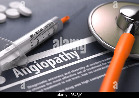 Angiopathy - Printed Diagnosis with Blurred Text on Grey Background and Medical Composition - Stethoscope, Pills and Syringe. Me Stock Photo