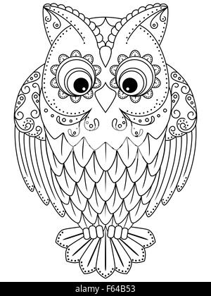 Big serious owl isolated on a white background, cartoon black and white ...