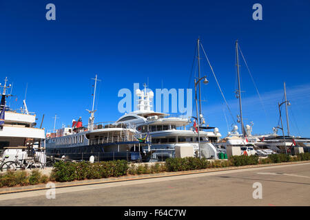 Luxury Yachts tied up in Denia Harbour in Spain Stock Photo