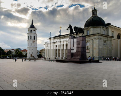 Cathedral with Bell Tower and Gediminas statue Square in Vilnius, Lithuania Stock Photo