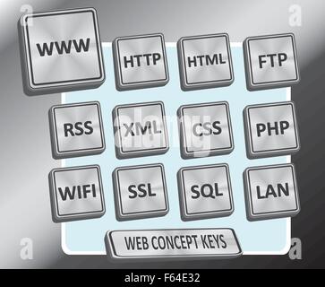 Brushed metallic stainless steel looking 3D keys with web / internet concept text Stock Vector