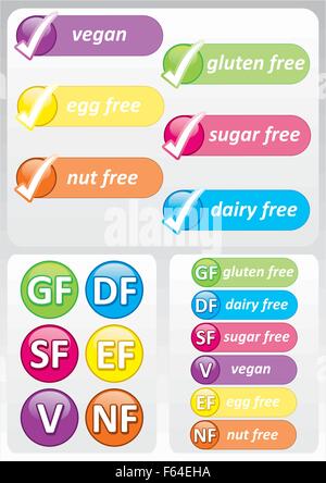 Selection of colorful food allergy labels including gluten, nut, dairy, sugar and egg free Stock Vector