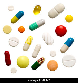 Many colorful pills isolated on white Stock Photo