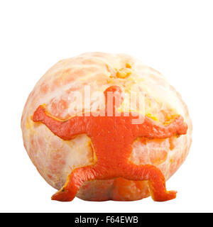 A strong man of peel holding big mandarin. Isolated Stock Photo