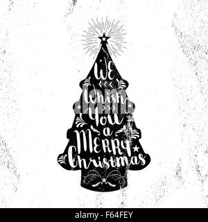 Merry christmas black and white hipster pine tree shape on paper texture background with vintage elements. Ideal for xmas card Stock Vector