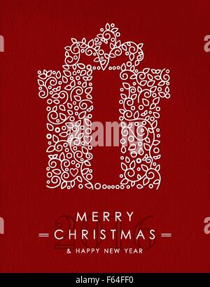 Merry Christmas Happy New Year 2016 greeting card background. Linear gift box with monogram decoration, ornaments and leaves. Stock Vector