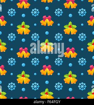 Christmas Seamless Texture with Jingle Bells and Snowflakes Stock Vector