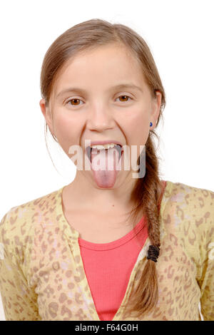 little girl puts out her tongue Stock Photo