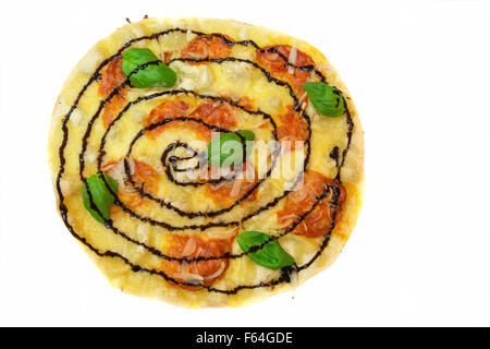 pizza with cheese tomato onions basil and sauce on white background Stock Photo