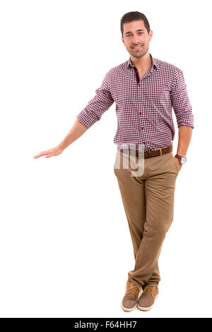 Young Man Presenting Your Product, Isolated Over A White Background 