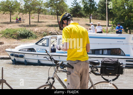 Boats wait at staircase of locks at Fonserannes locks,Beziers,South,France,coast,holiday,Canal,du,Midi,summer, Stock Photo