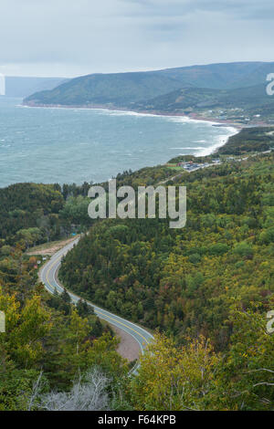 Aerial view of Pleasant Bay along Cabot Trail on Cape Breton Island, Nova Scotia, Canada Stock Photo