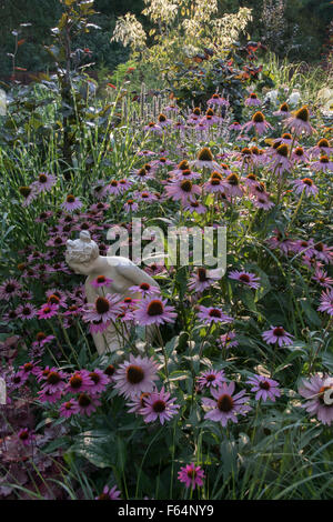 Echinaceas and ornamental grasses surrounding a stone statue. Stock Photo