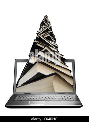 Huge pile of books in laptop isolated on white Stock Photo