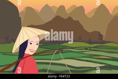 Asian woman smiling while working in rice fields at sunset with mountains behind Stock Vector