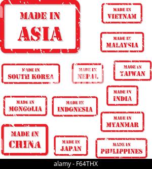 Set of red rubber stamps of Made In symbols for Asia Stock Vector