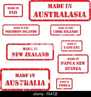 Set of red rubber stamps of Made In symbols for Australasia region Stock Vector