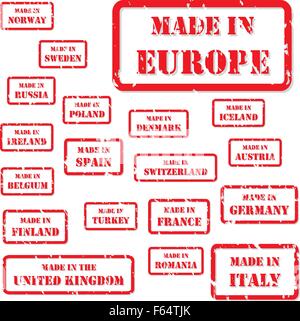 Set of red rubber stamps of Made In symbols for Europe and surrounds Stock Vector
