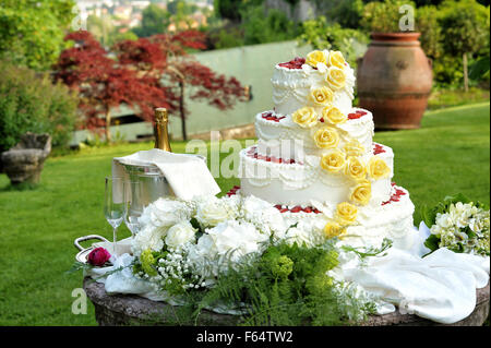 Large tiered decorative wedding cake Stock Photo