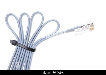 Patch cord with RJ45 plugs and cable ties isolated over white background Stock Photo