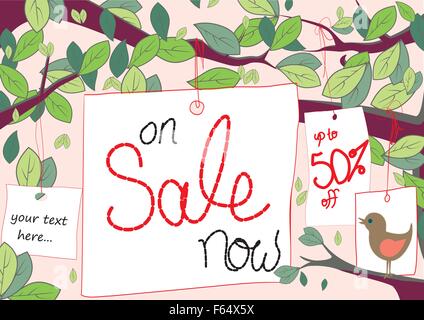 Sale tags hang from trees with space for text like 50% off Stock Vector
