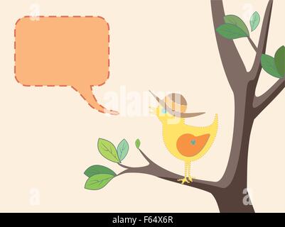 Seasonal illustration of a cute bird with a summer hat on a tree with green leaves Stock Vector