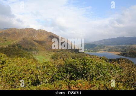 View from Dinas Emrys prehistoric hill Fort towards Llyn Dinas lake Beddgelert Snowdonia Wales Stock Photo