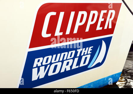 Clipper Round the World Race sticker on the bow of a sailing boat Stock Photo