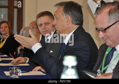 From left to right Slovakian Prime Minister Robert Fico and Hungarian Prime Minister Viktor Orban attend the EU-Africa two-day summit on migration in Valetta, Malta, on November 12, 2015. (CTK Photo/Matej Riha) Stock Photo